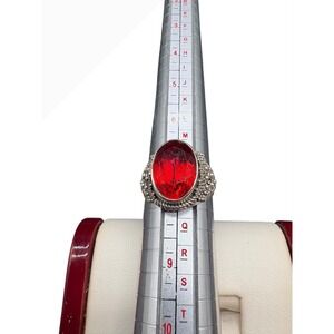 Oval Red Gemstone Statement Ring Sterling Silver Size 7.5 Bohemian Victorian